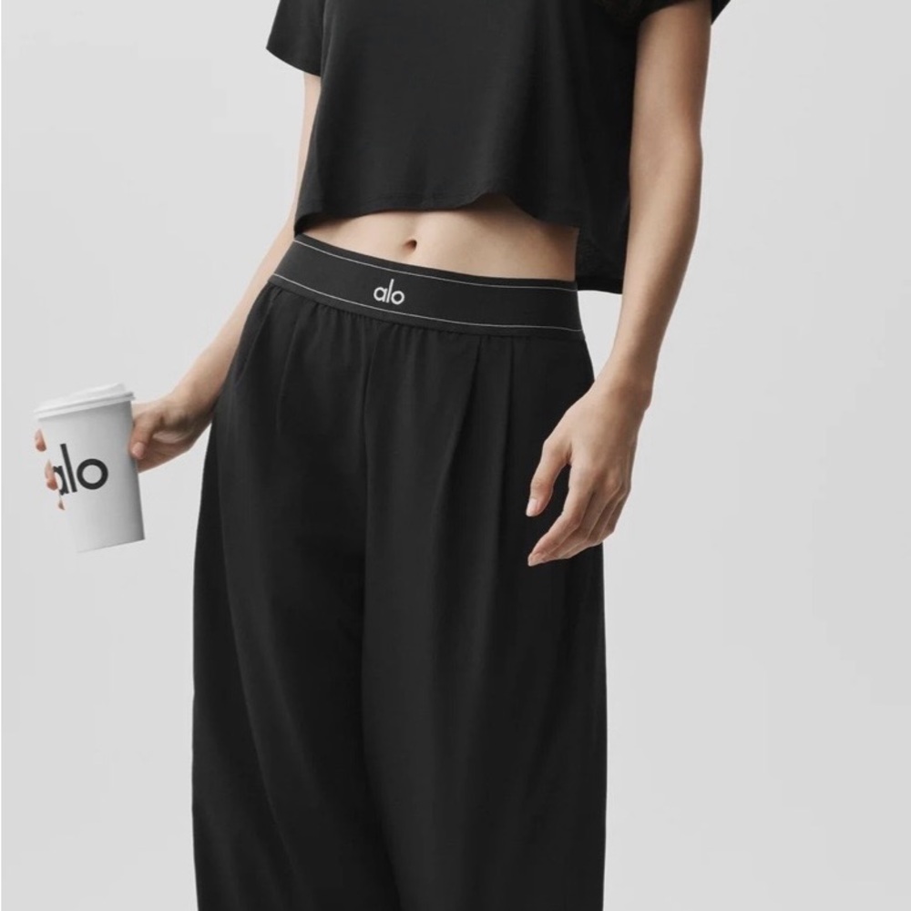 ALO Yoga Black Wide-Leg Lounge Pants with Logo Waistband